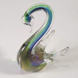 Vintage Murano Style Art Class Swan Sculptured Gold Aventurine Blue Green 6"